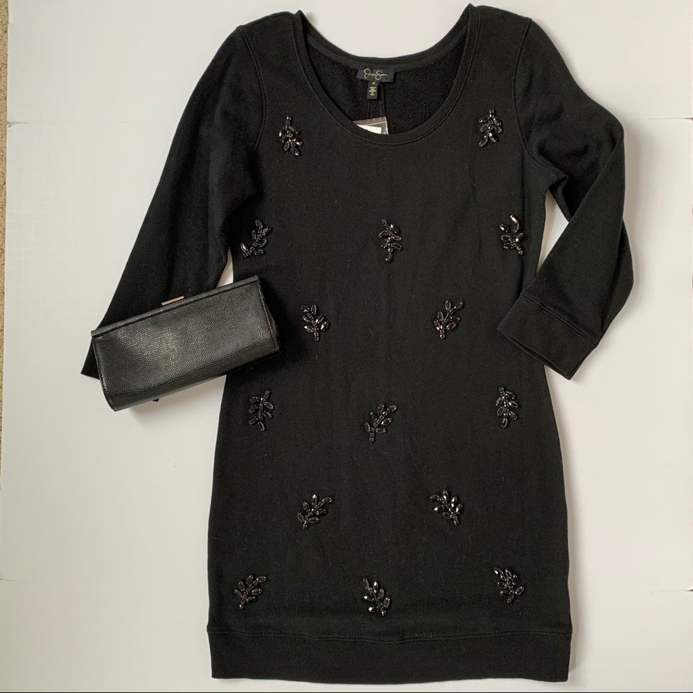 Jessica Simpson Black Beaded Cotton Fitted Dress Knee Length Size Medium